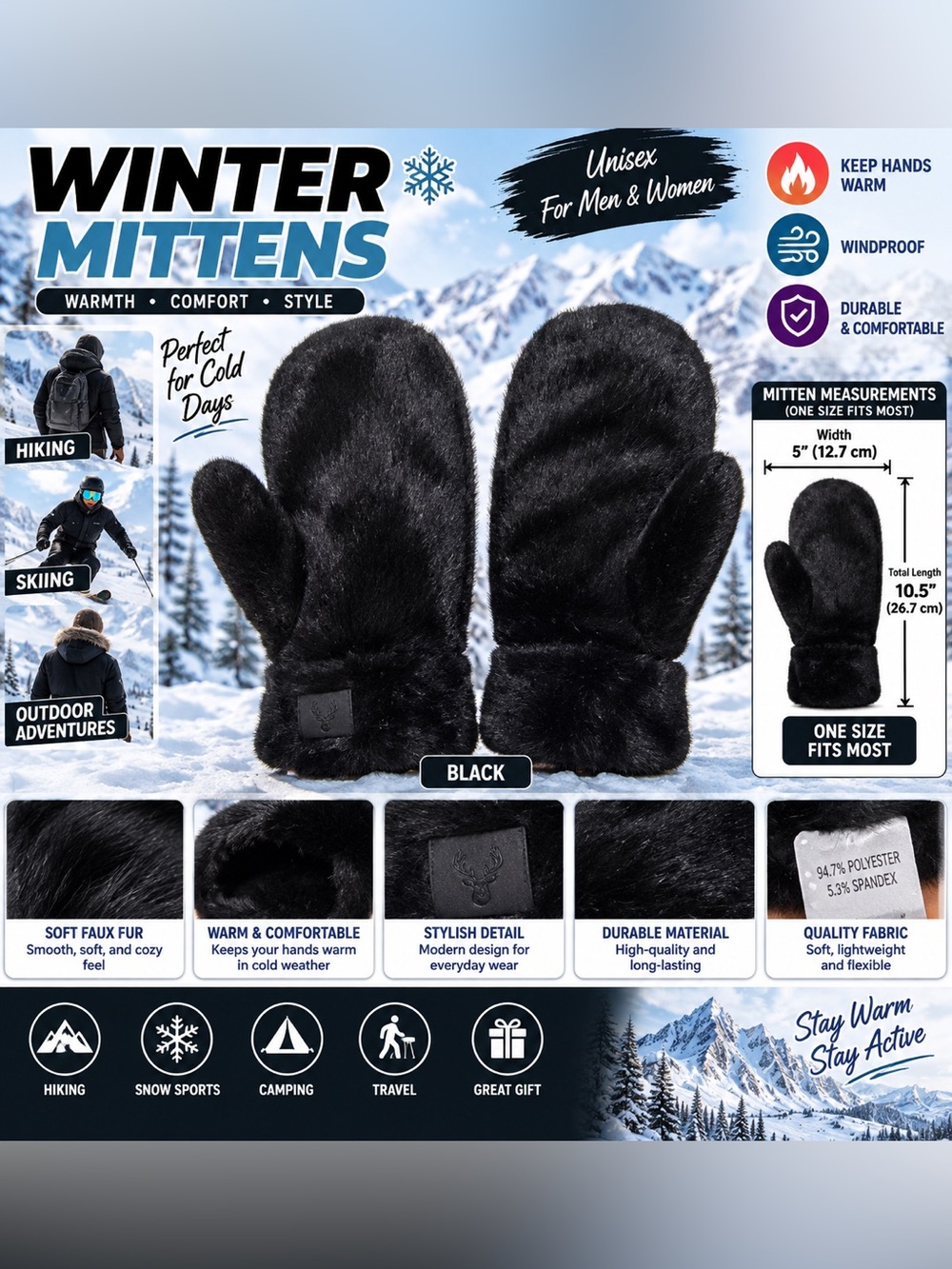 Unisex Winter Faux Fur Mittens Men Women Warm Plush Lined One Size Soft Cozy
